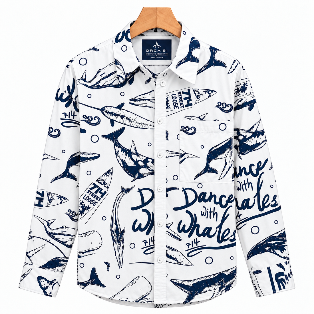 White Printed Shirt with Navy Blue Whale Design