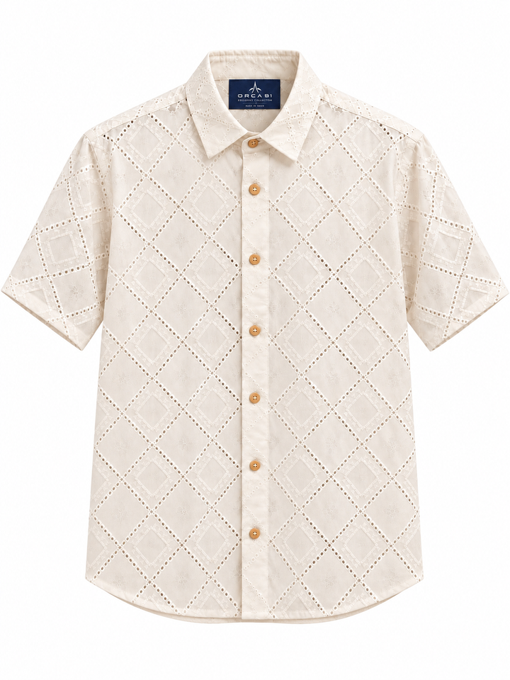 Cream Printed Shirt with Geometric Diamond Pattern