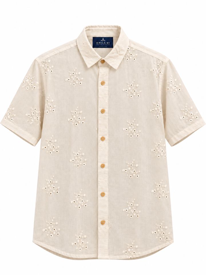 Cream Embroidered Shirt with Floral Design