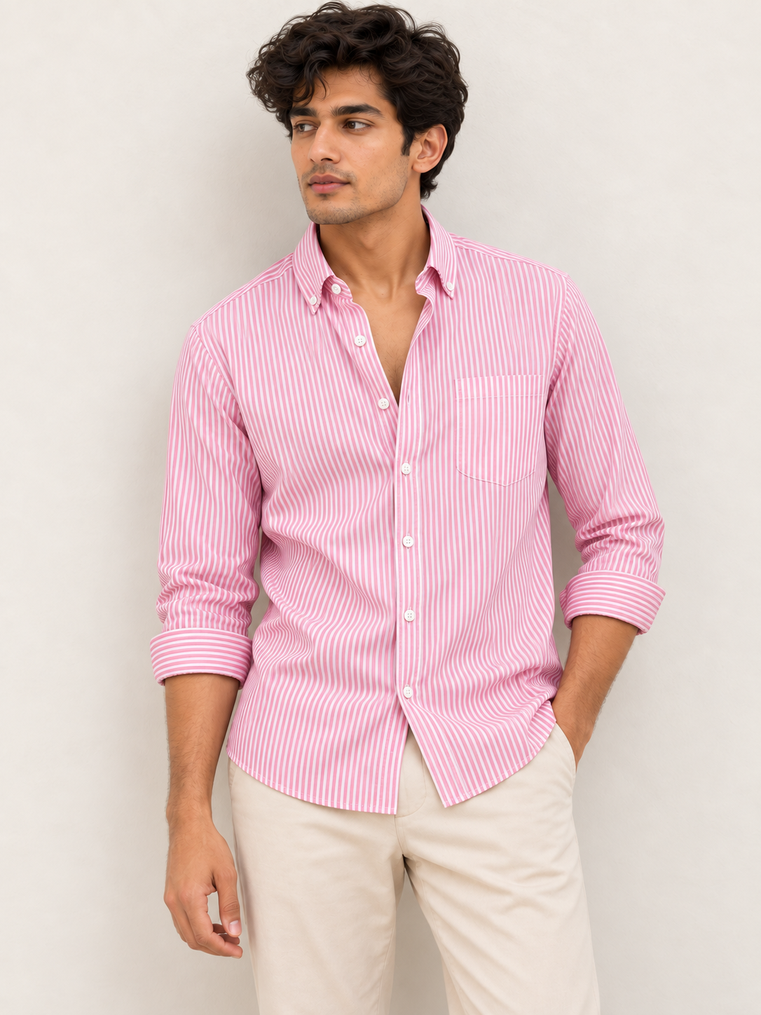 Men’s Pink & White Striped Cotton Blend Full Sleeve Casual Shirt
