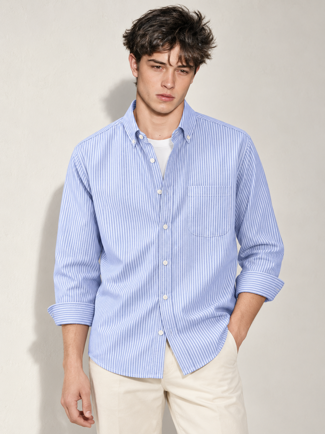 Men’s Light Blue & White Striped Cotton Blend Full Sleeve Casual Shirt