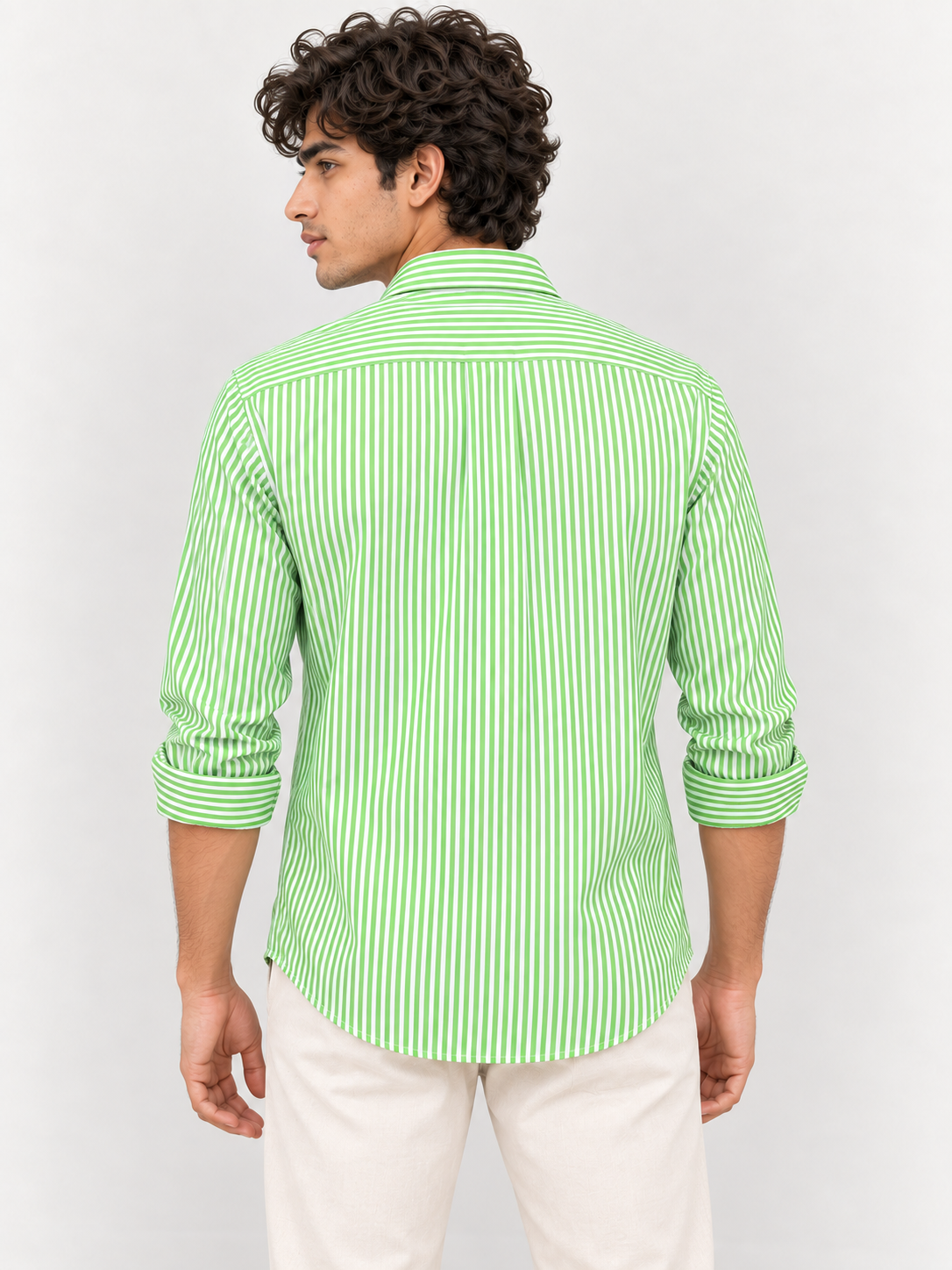 Men’s Green & White Striped Cotton Blend Full Sleeve Casual Shirt