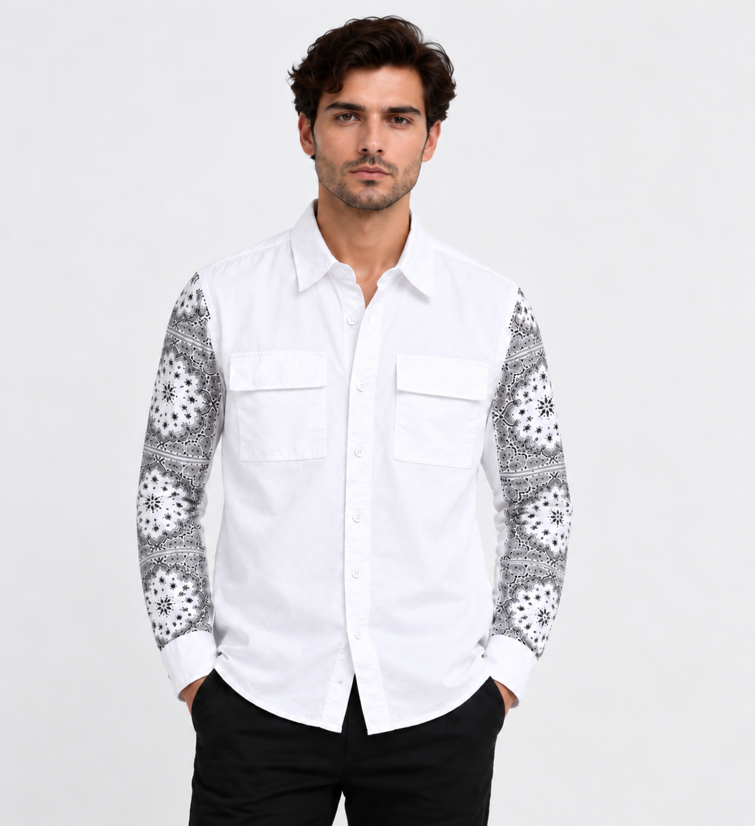 White Casual Shirt with Printed Full Sleeves