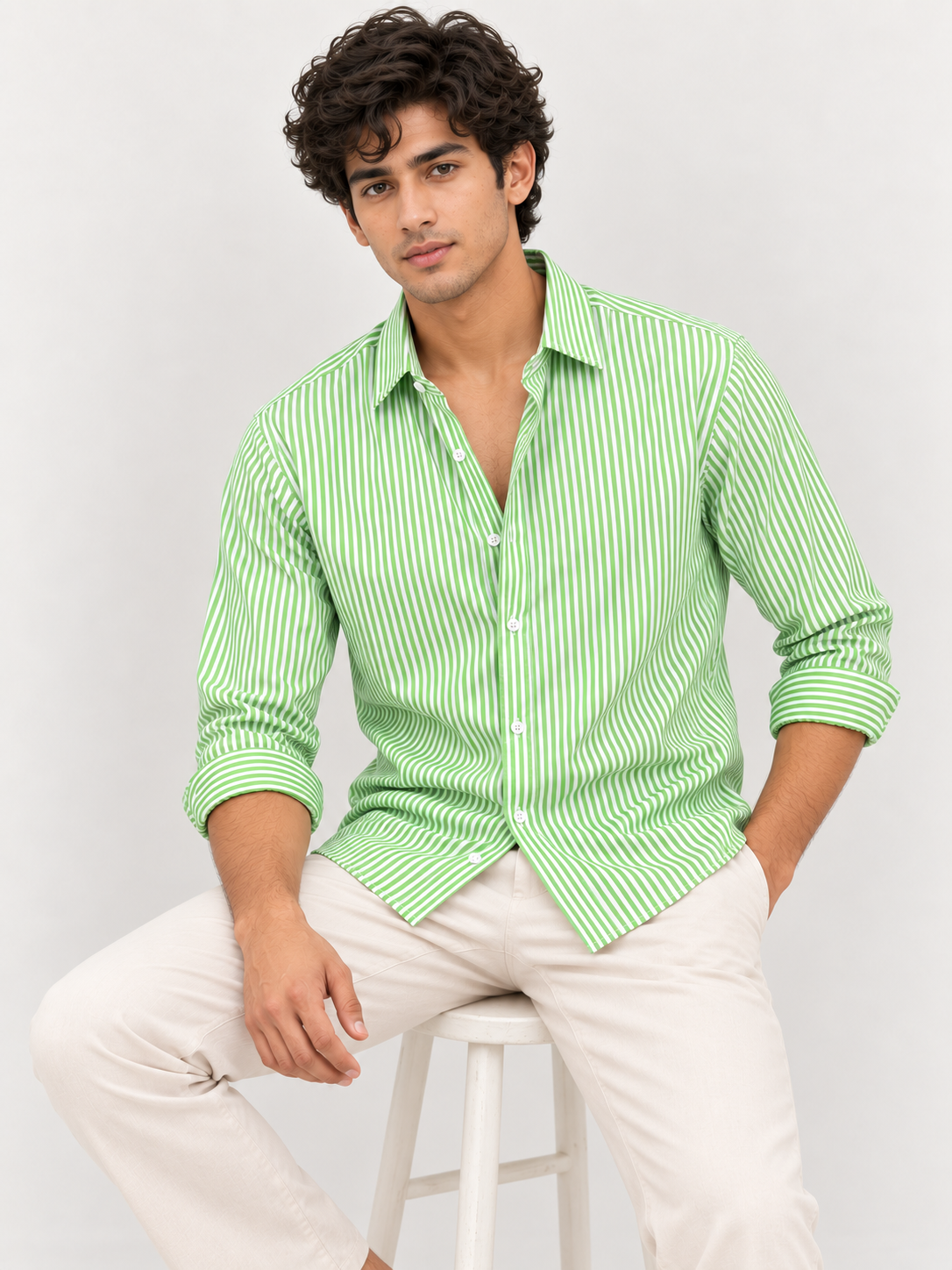 Men’s Green & White Striped Cotton Blend Full Sleeve Casual Shirt