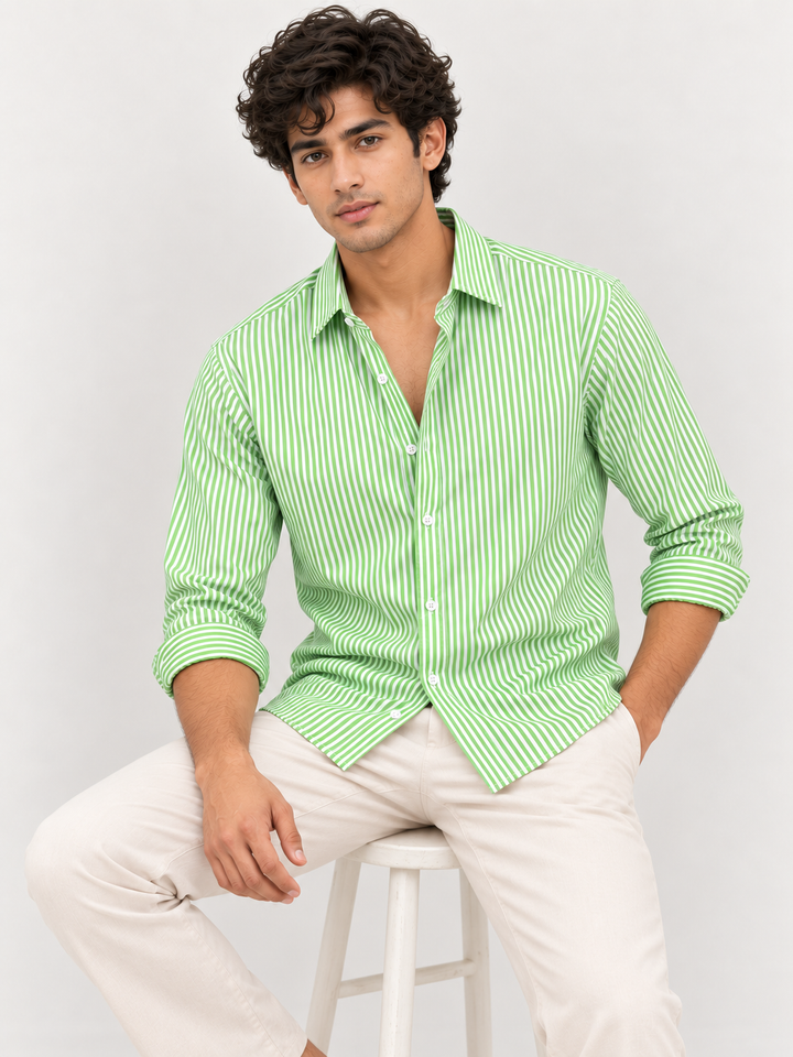 Men’s Green & White Striped Cotton Blend Full Sleeve Casual Shirt