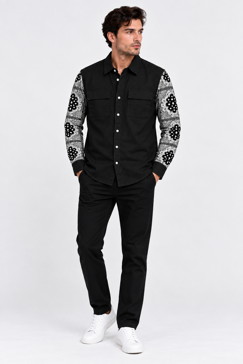 Black Full Sleeve Shirt with Patterned Sleeves