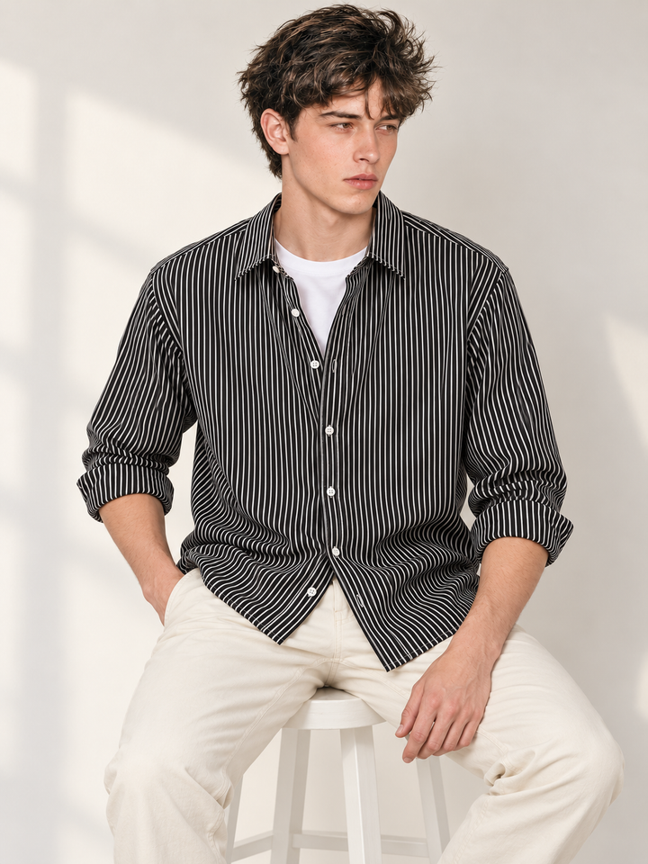 Men’s Black & White Striped Cotton Blend Full Sleeve Casual Shirt