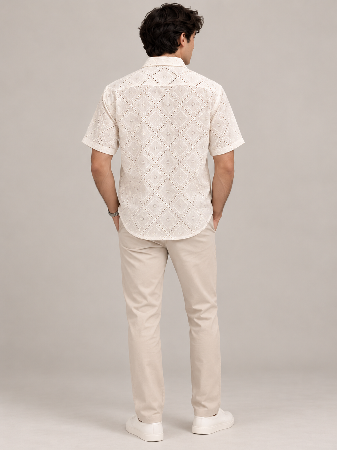 Cream Printed Shirt with Geometric Diamond Pattern