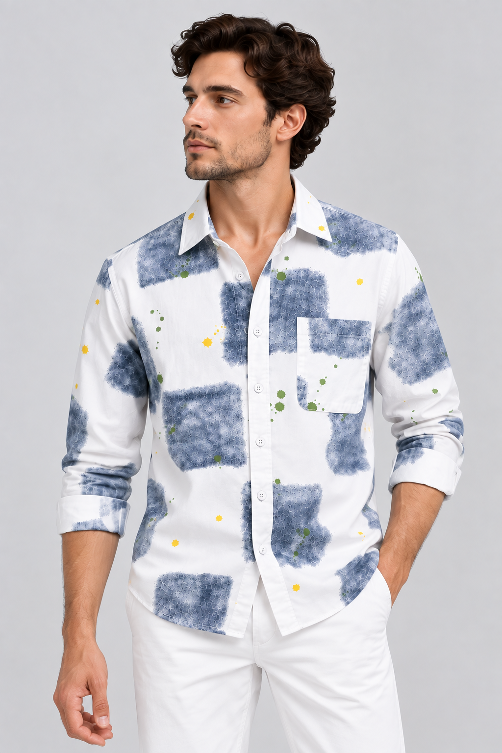 White Full Sleeve Shirt with Blue Abstract Print