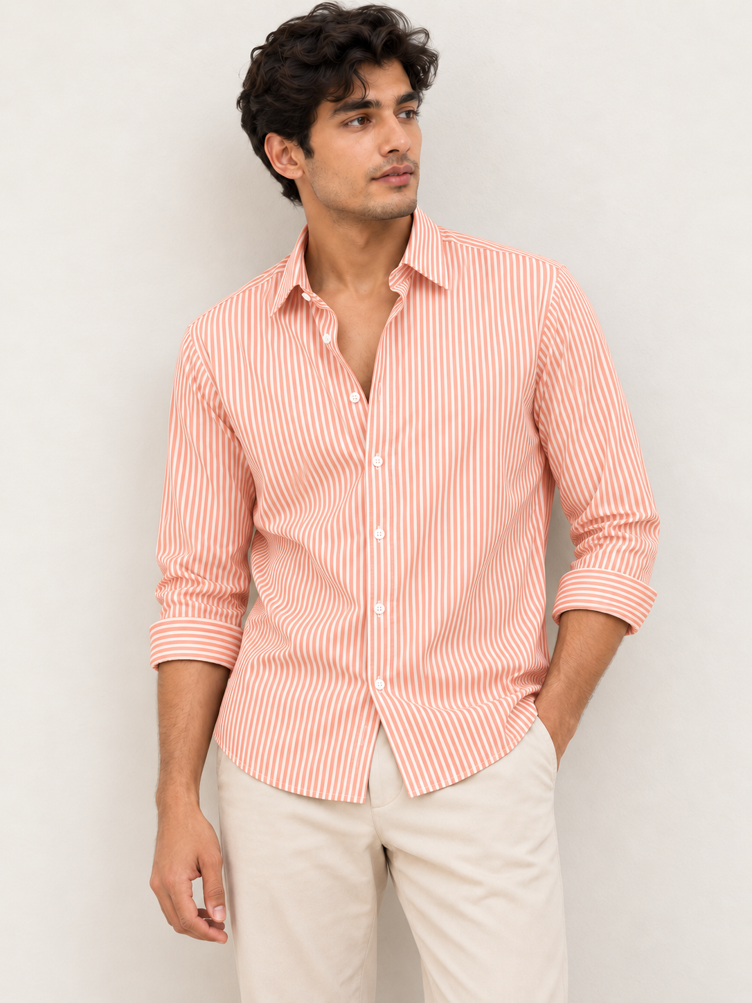 Men’s Orange & White Striped Cotton Blend Full Sleeve Casual Shirt