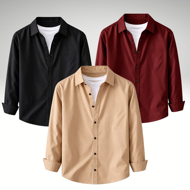 Men's Premium Cotton Blend Casual Shirt Combo of 3 – Black, Cream & Maroon