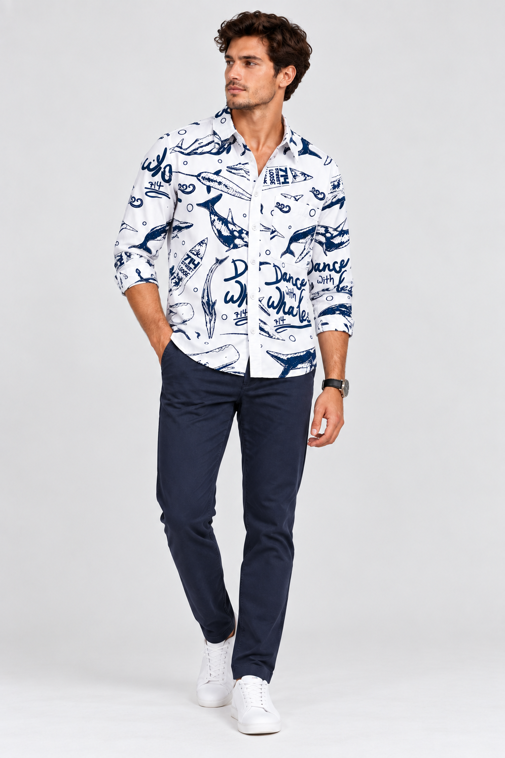 White Printed Shirt with Navy Blue Whale Design