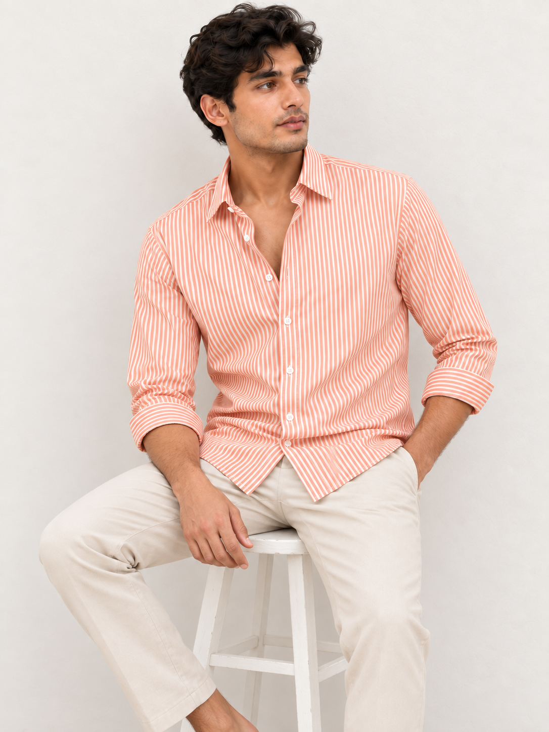 Men’s Orange & White Striped Cotton Blend Full Sleeve Casual Shirt