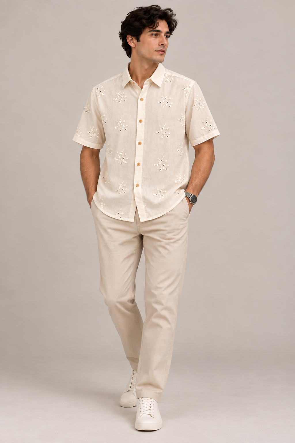 Cream Embroidered Shirt with Floral Design