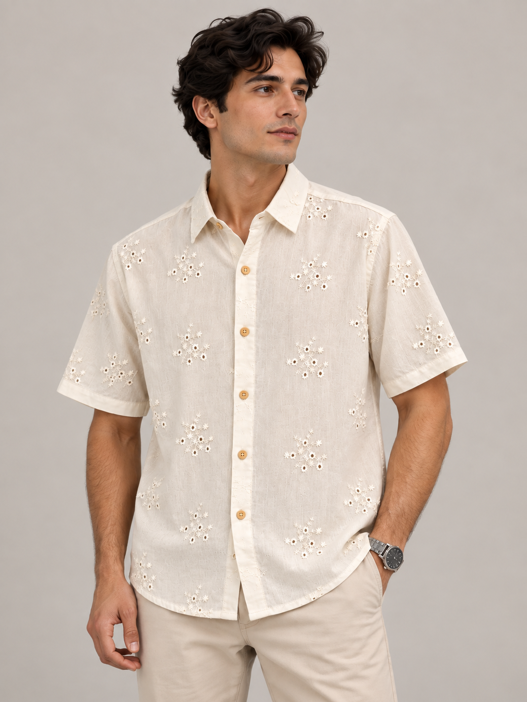 Cream Embroidered Shirt with Floral Design