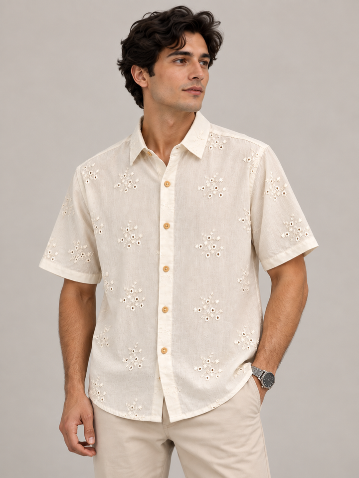 Cream Embroidered Shirt with Floral Design