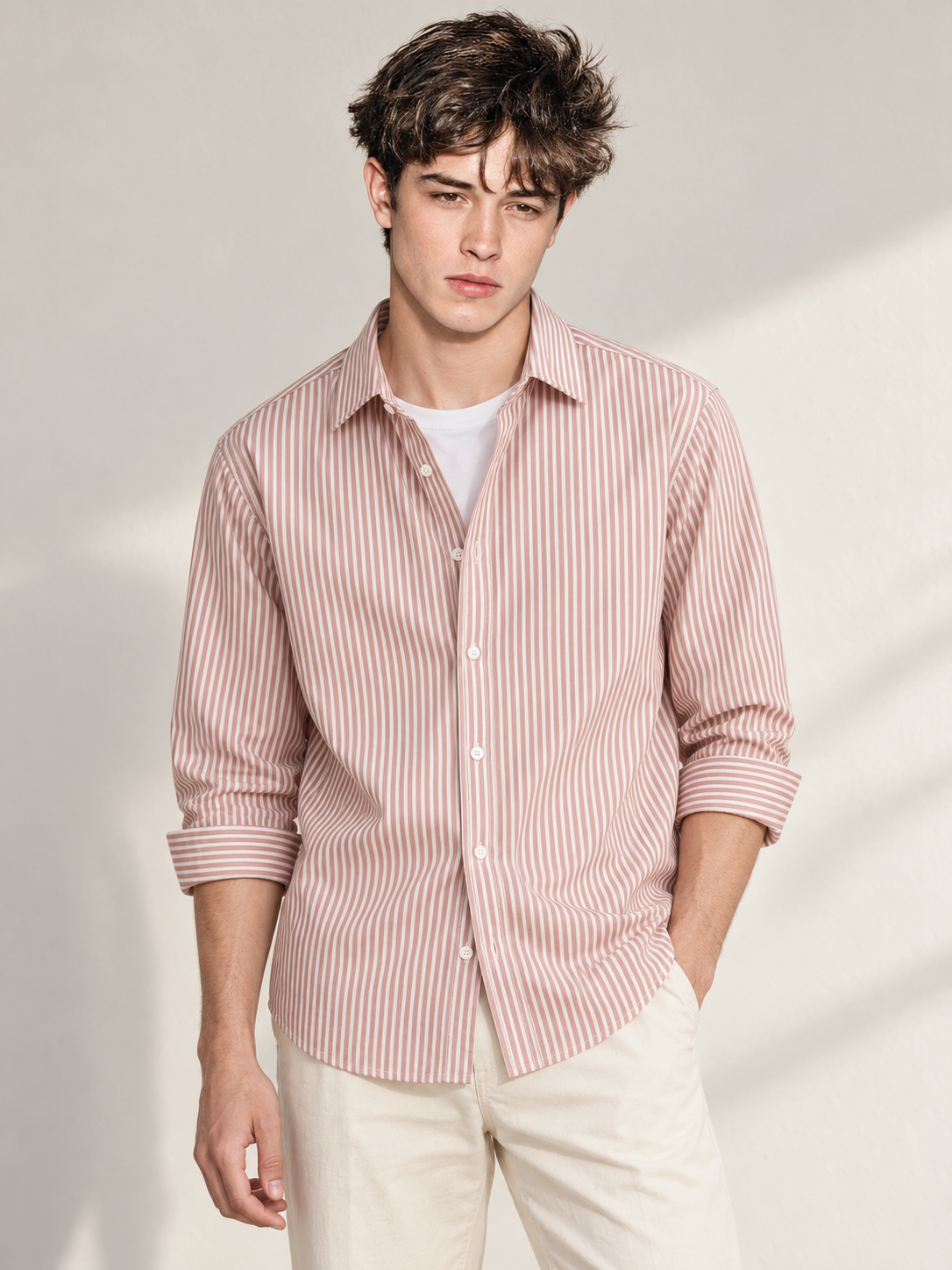 Men’s Brown & White Striped Cotton Blend Full Sleeve Casual Shirt