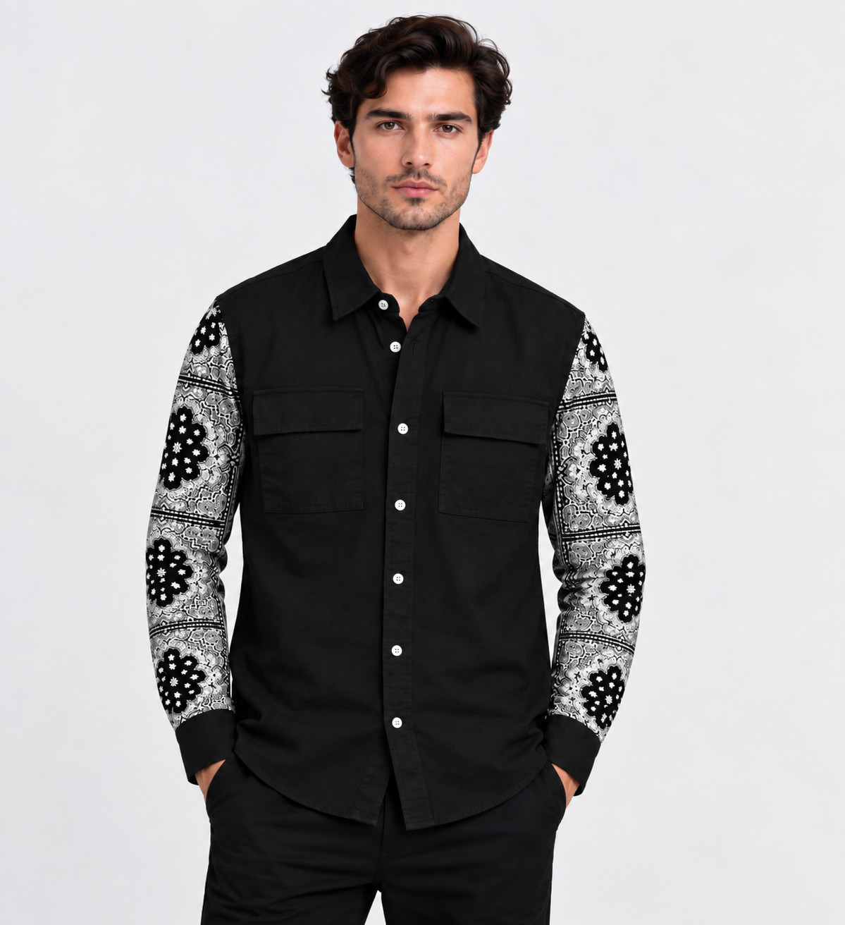 Black Full Sleeve Shirt with Patterned Sleeves