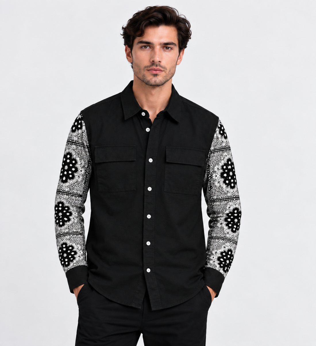 Black Full Sleeve Shirt with Patterned Sleeves