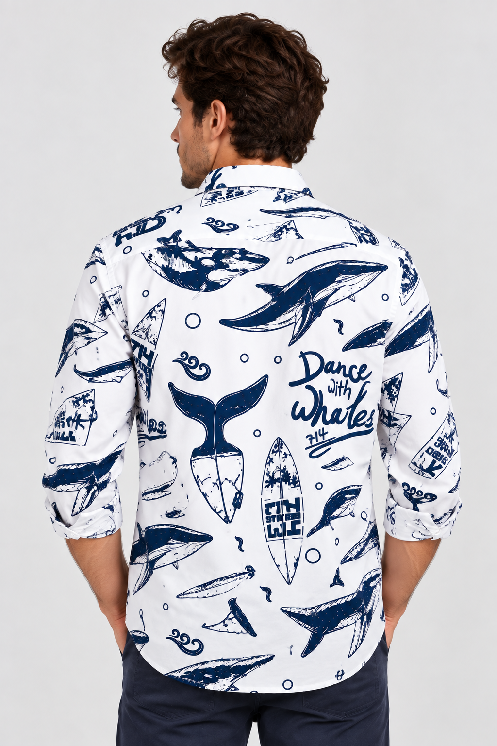 White Printed Shirt with Navy Blue Whale Design