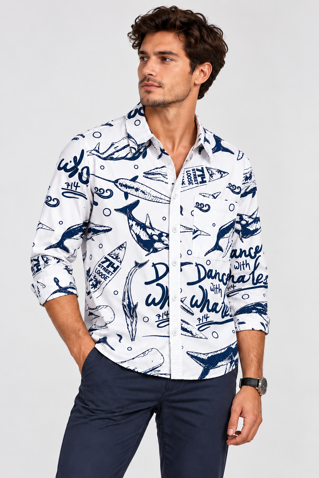 White Printed Shirt with Navy Blue Whale Design