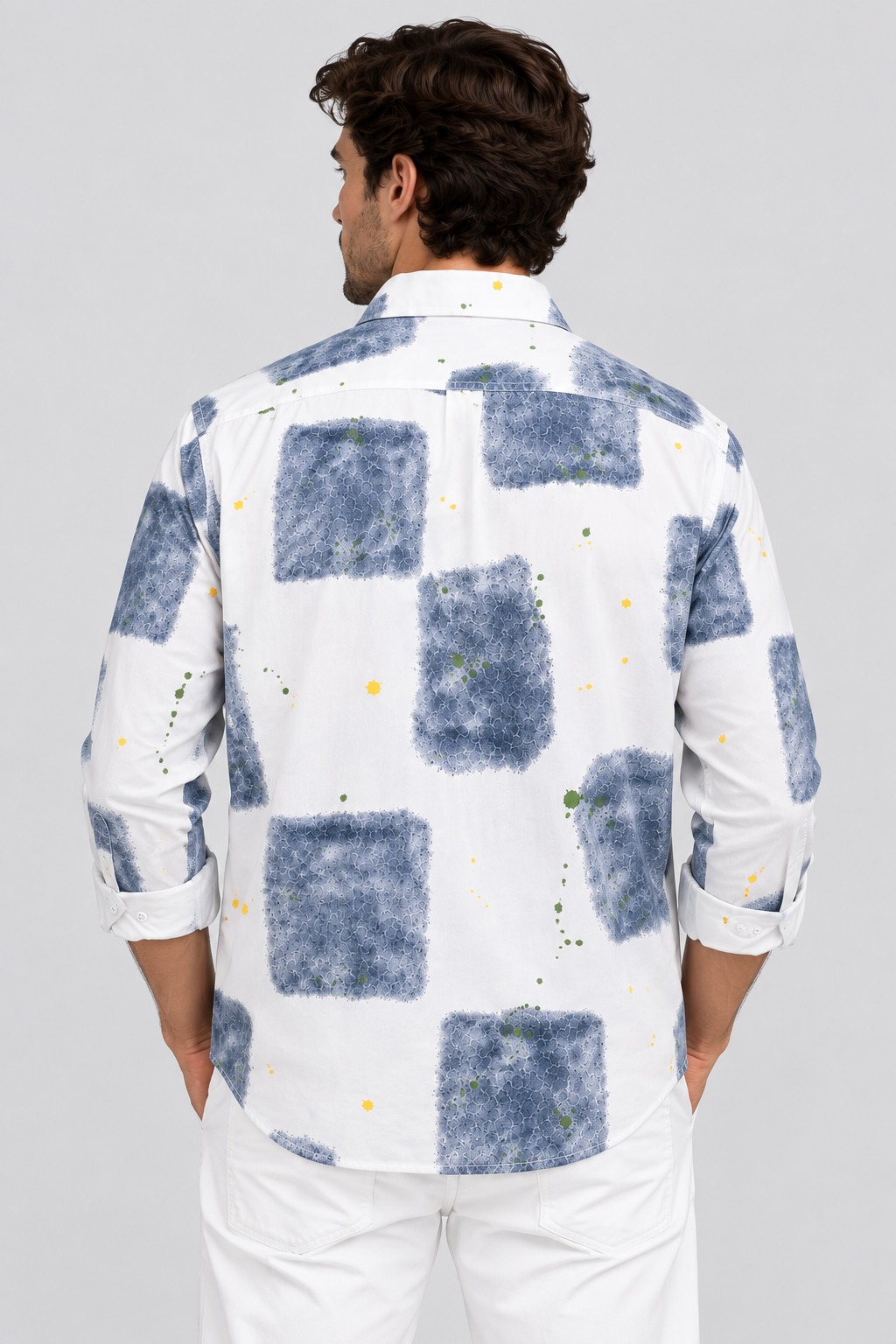 White Full Sleeve Shirt with Blue Abstract Print