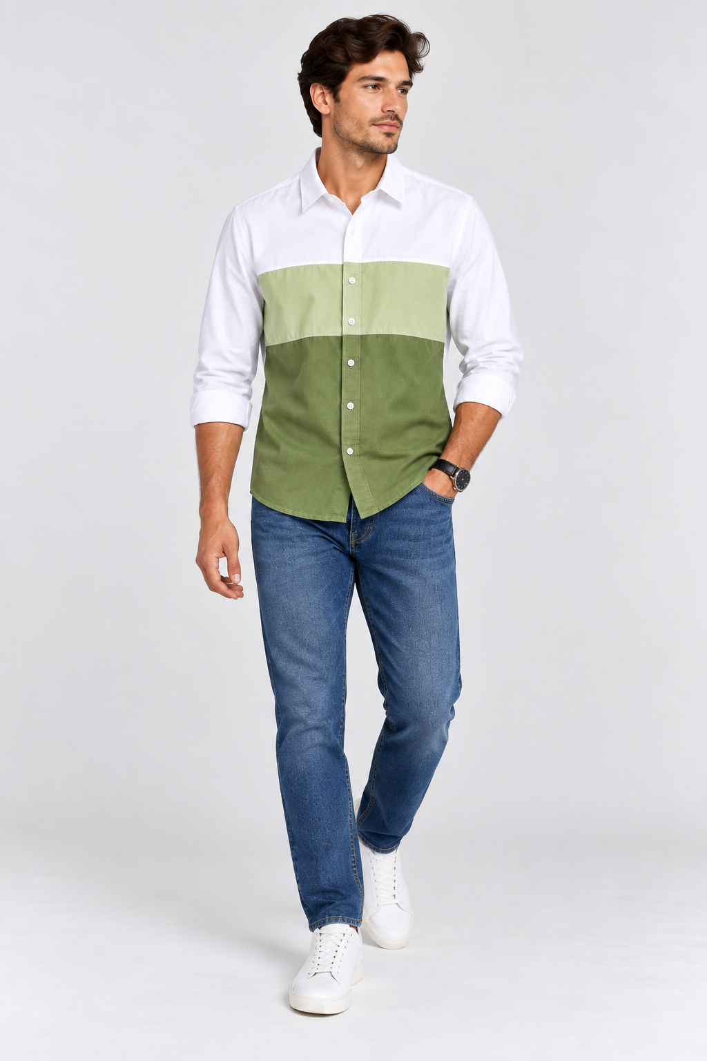 White and Green Color Block Shirt