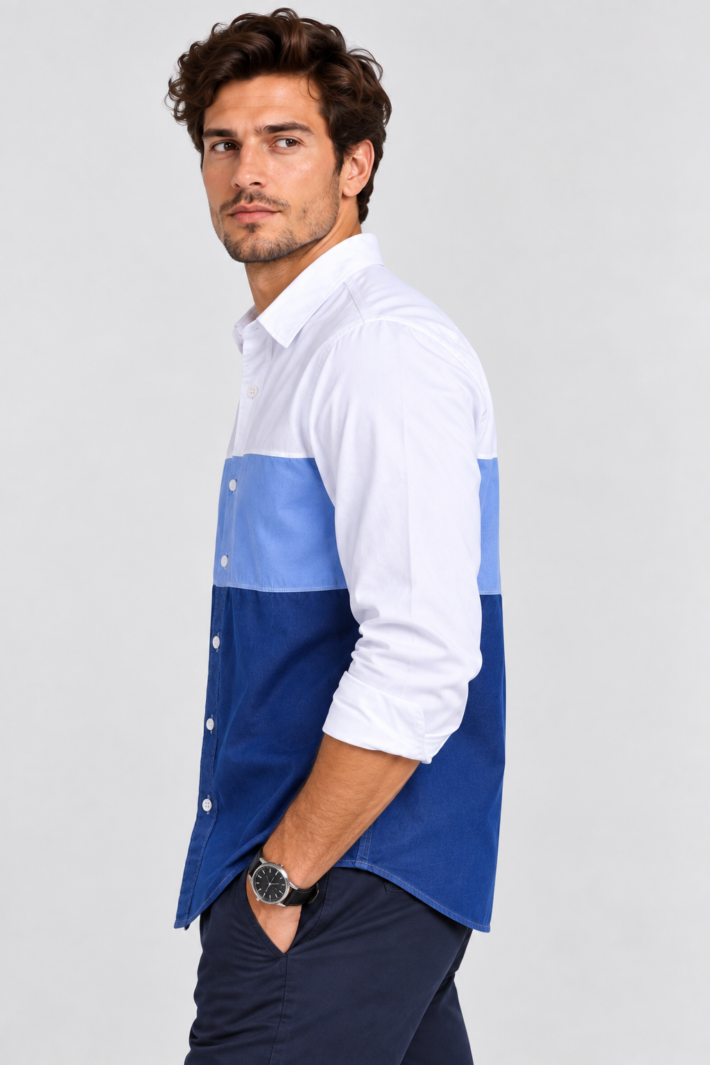 White and Blue Color Block Shirt