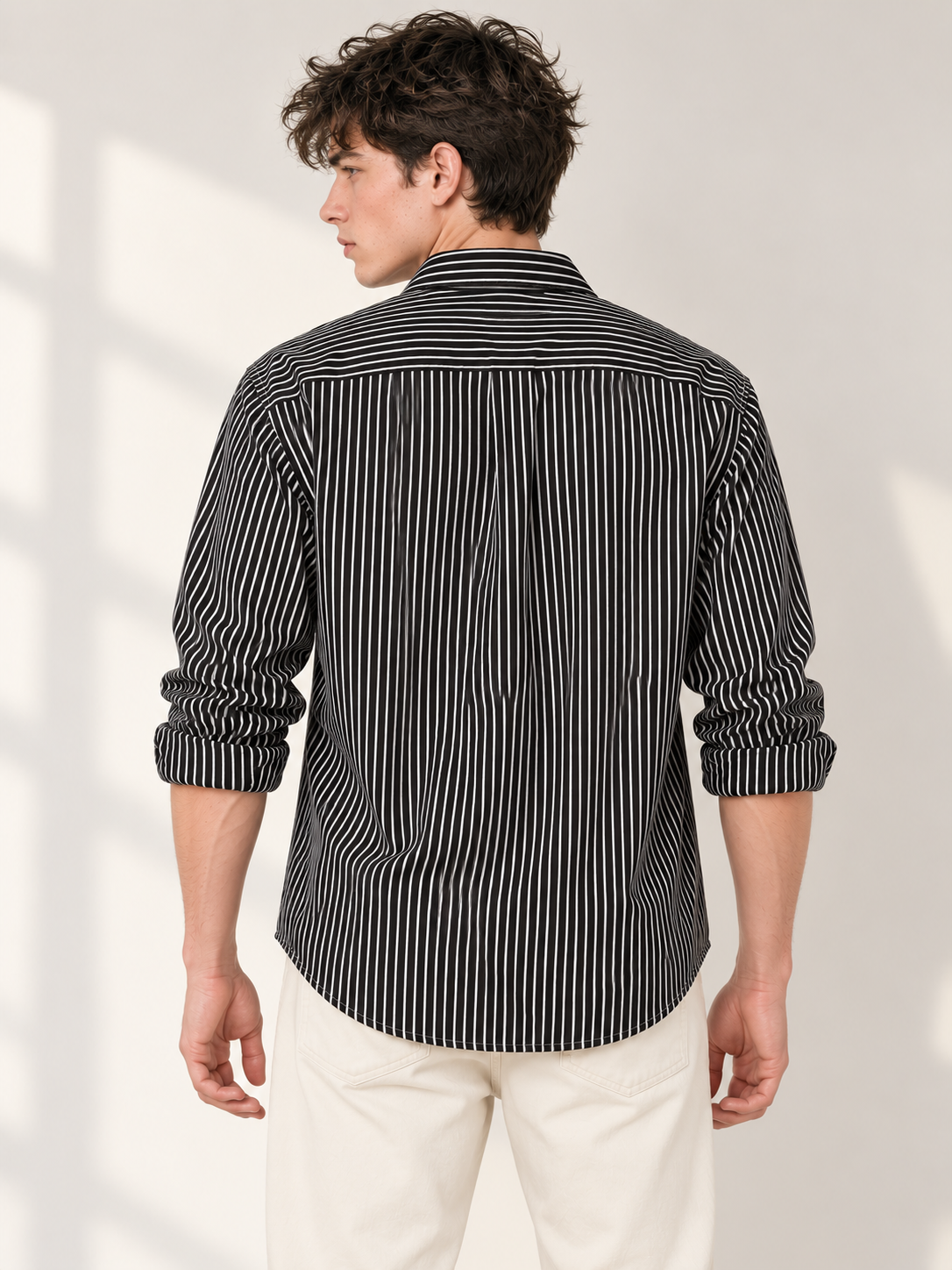Men’s Black & White Striped Cotton Blend Full Sleeve Casual Shirt