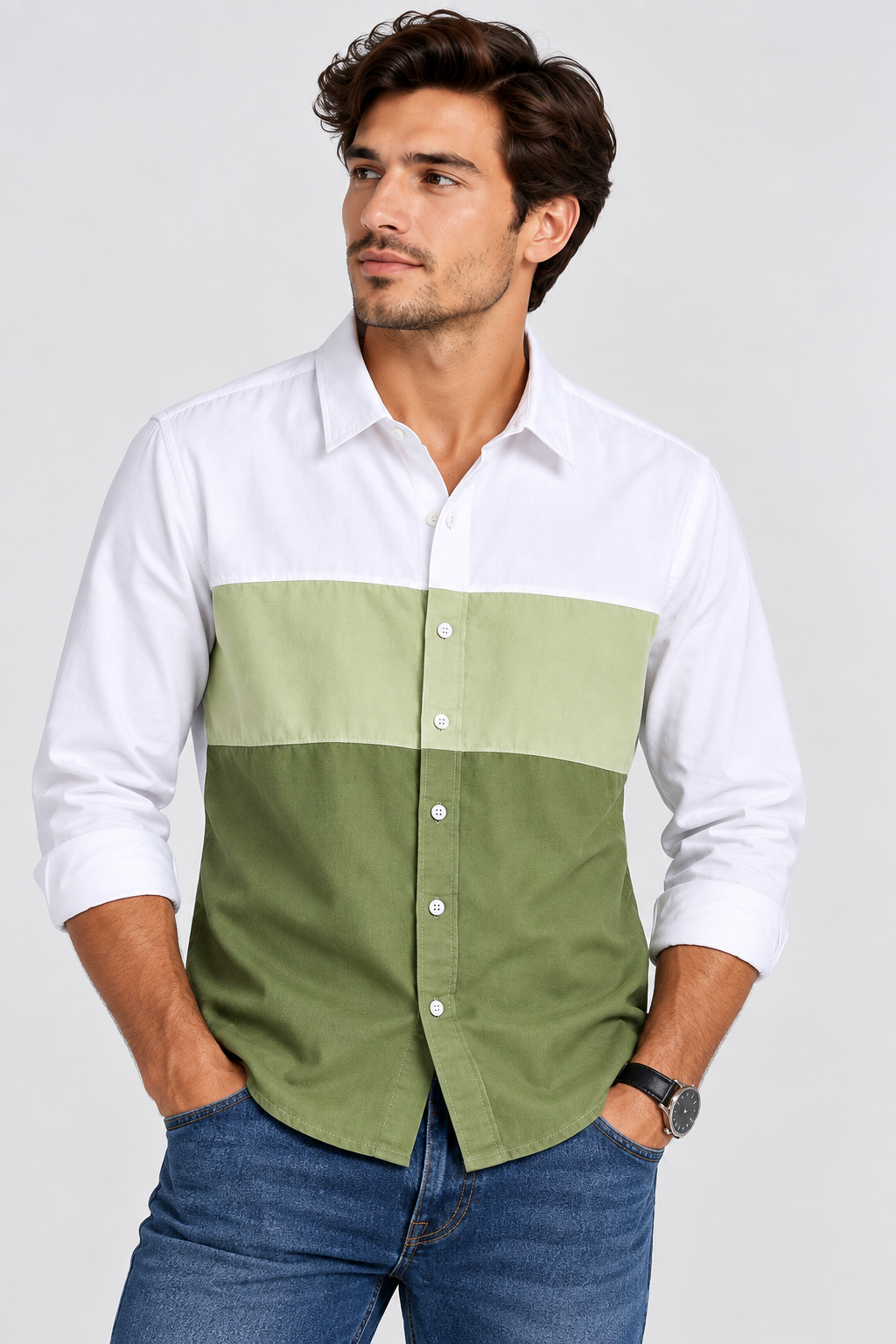 White and Green Color Block Shirt