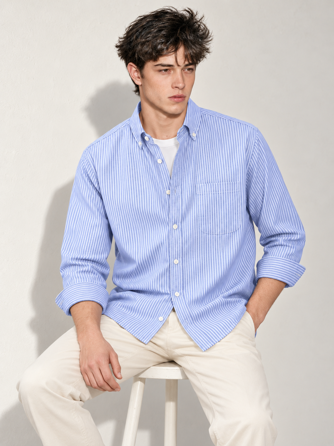 Men’s Light Blue & White Striped Cotton Blend Full Sleeve Casual Shirt