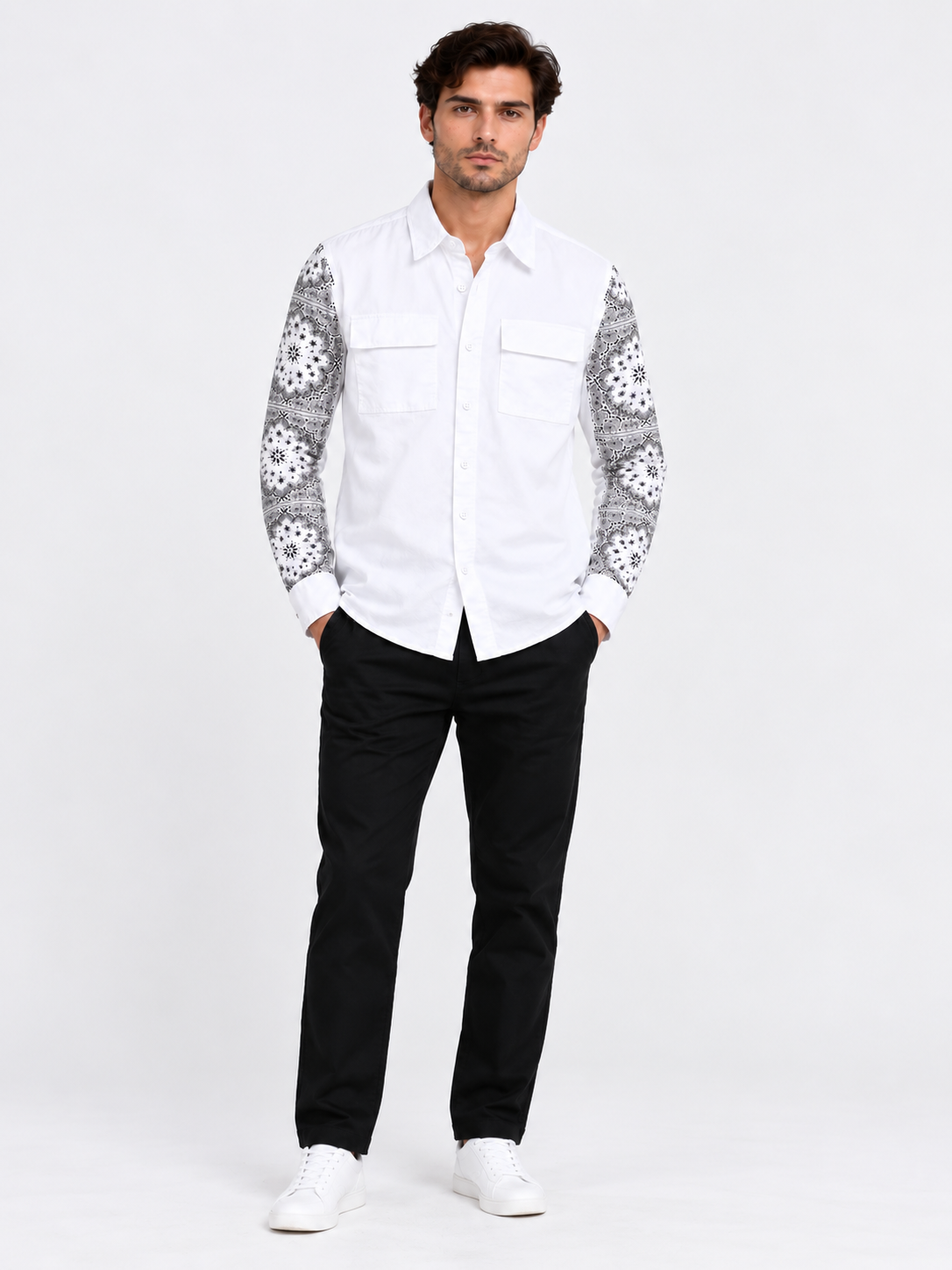 White Casual Shirt with Printed Full Sleeves