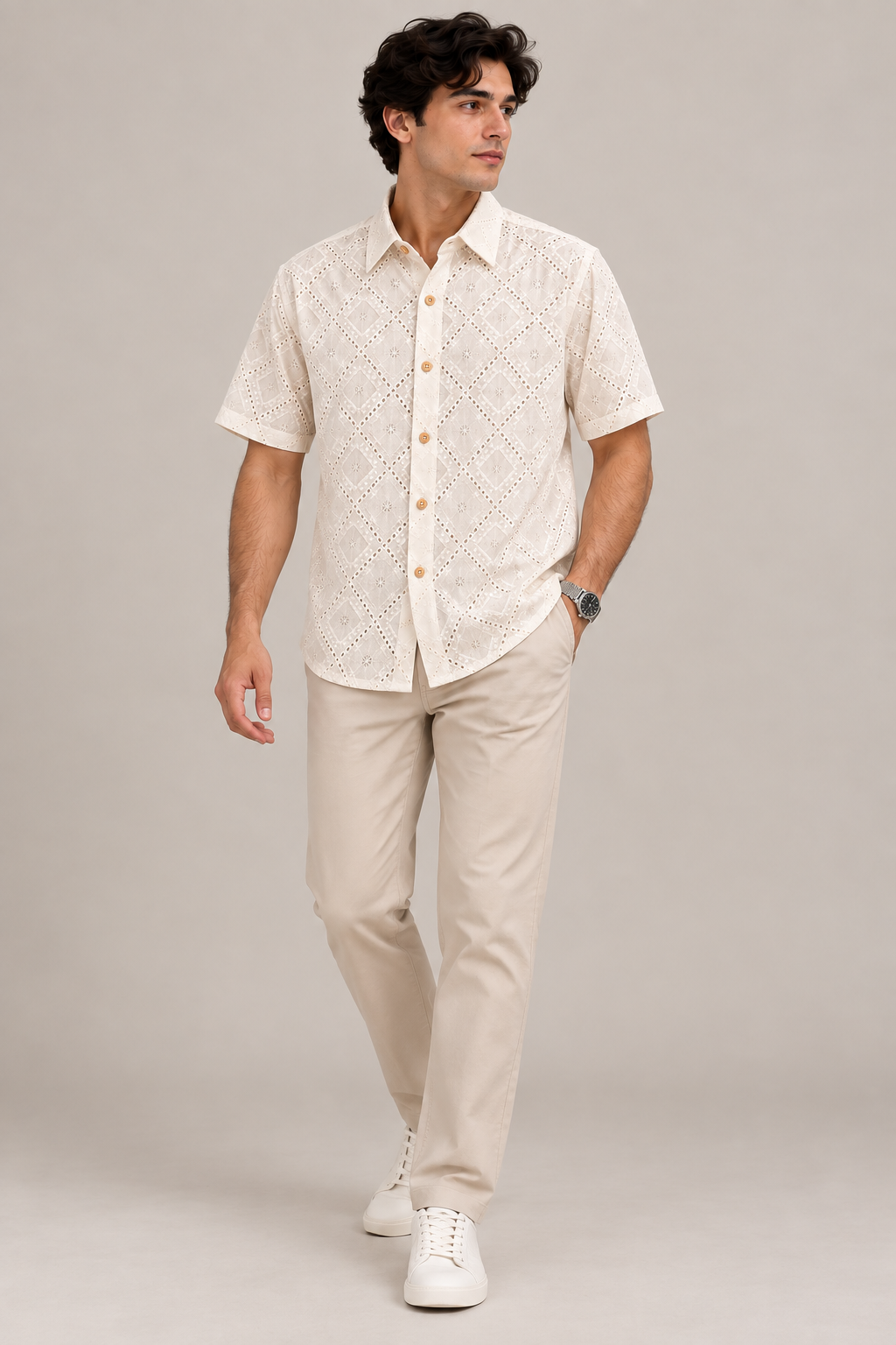 Cream Printed Shirt with Geometric Diamond Pattern