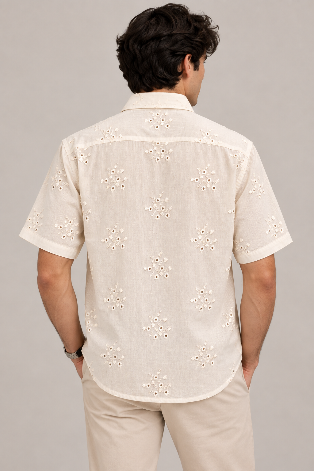 Cream Embroidered Shirt with Floral Design