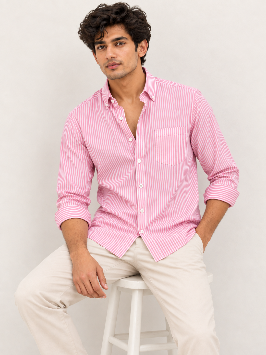 Men’s Pink & White Striped Cotton Blend Full Sleeve Casual Shirt