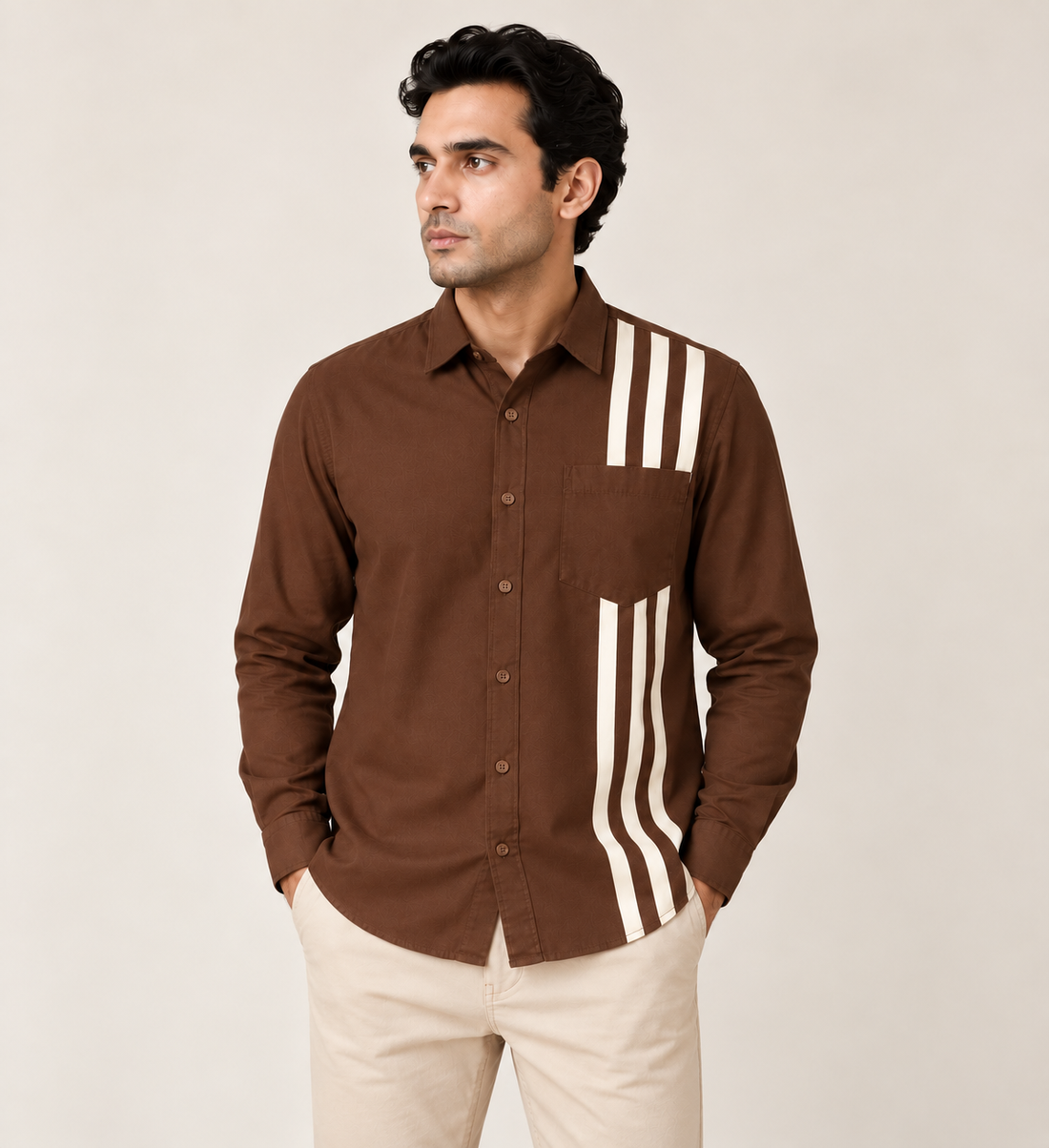 Brown Casual Shirt with Contrast Stripe Design