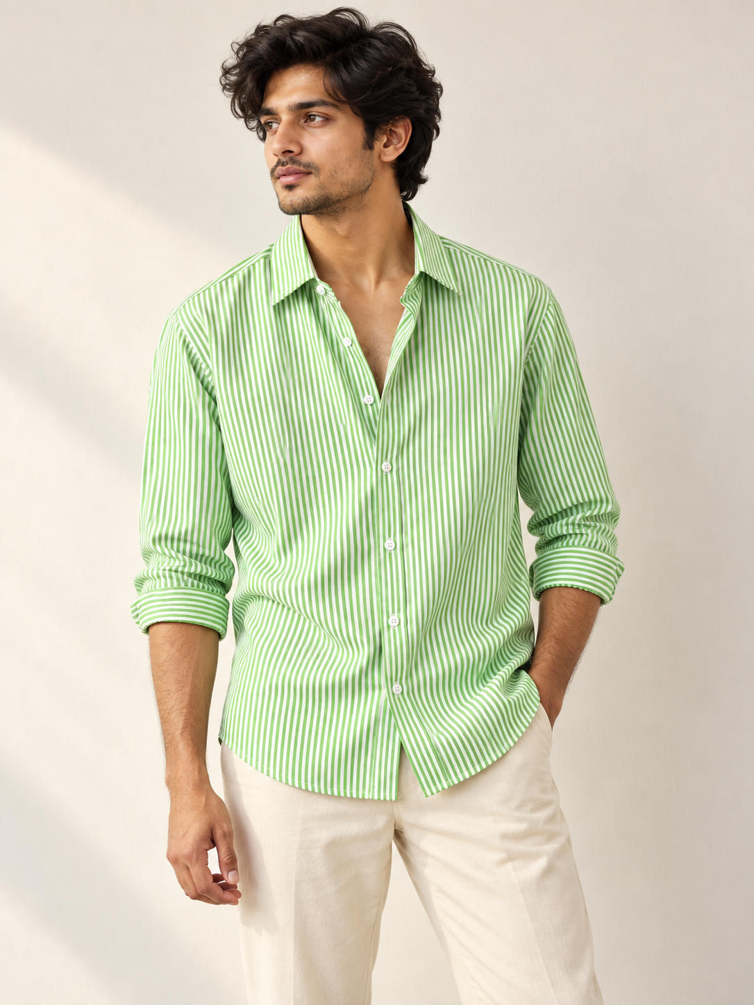 Men’s Green & White Striped Cotton Blend Full Sleeve Casual Shirt