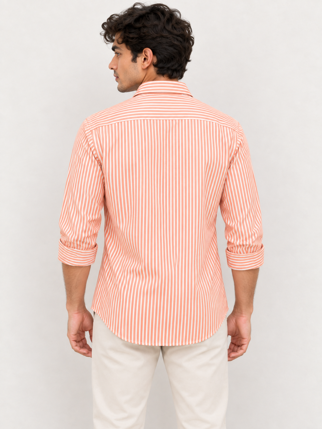 Men’s Orange & White Striped Cotton Blend Full Sleeve Casual Shirt