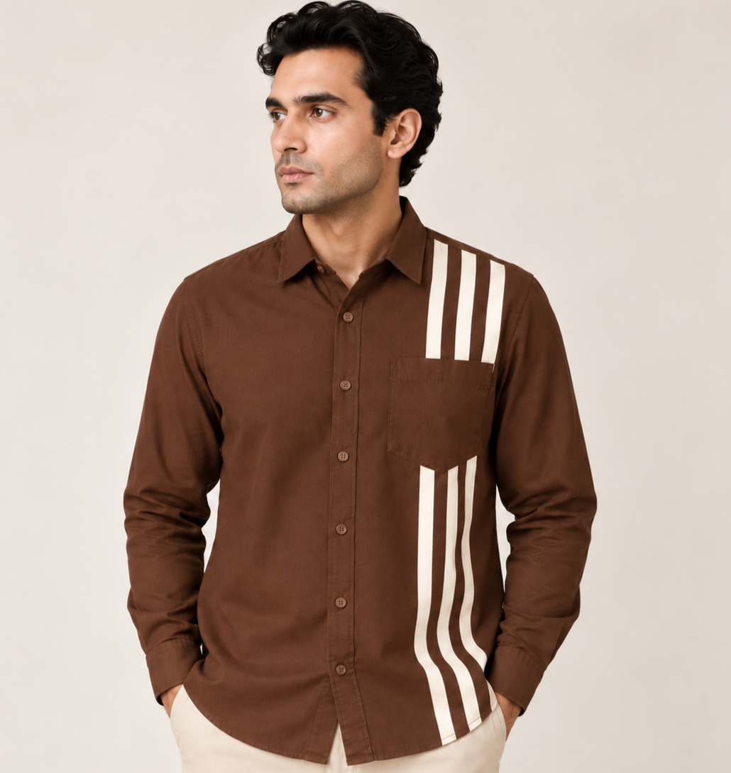 Brown Casual Shirt with Contrast Stripe Design