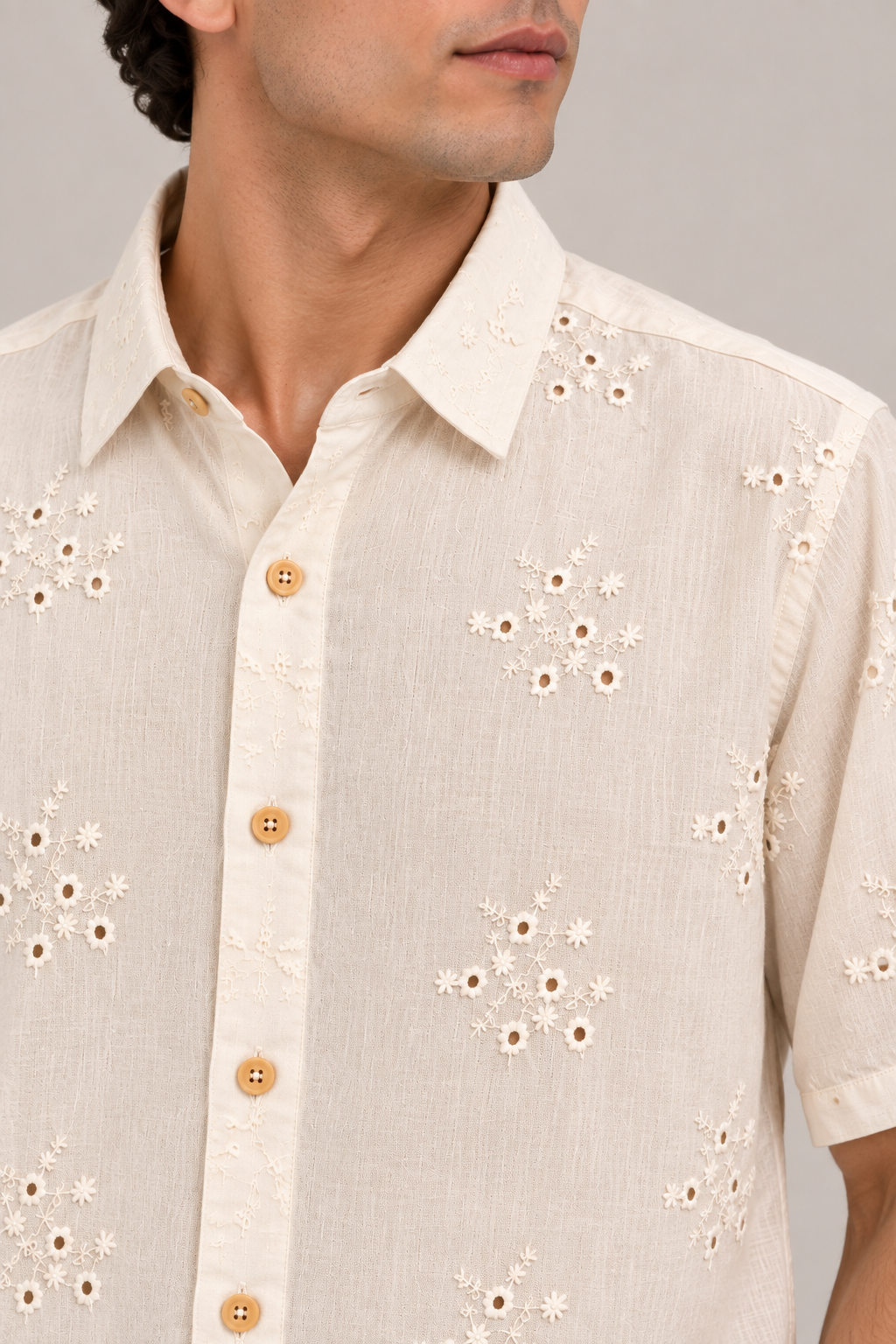 Cream Embroidered Shirt with Floral Design