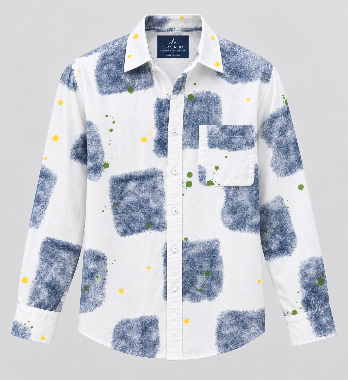 White Full Sleeve Shirt with Blue Abstract Print