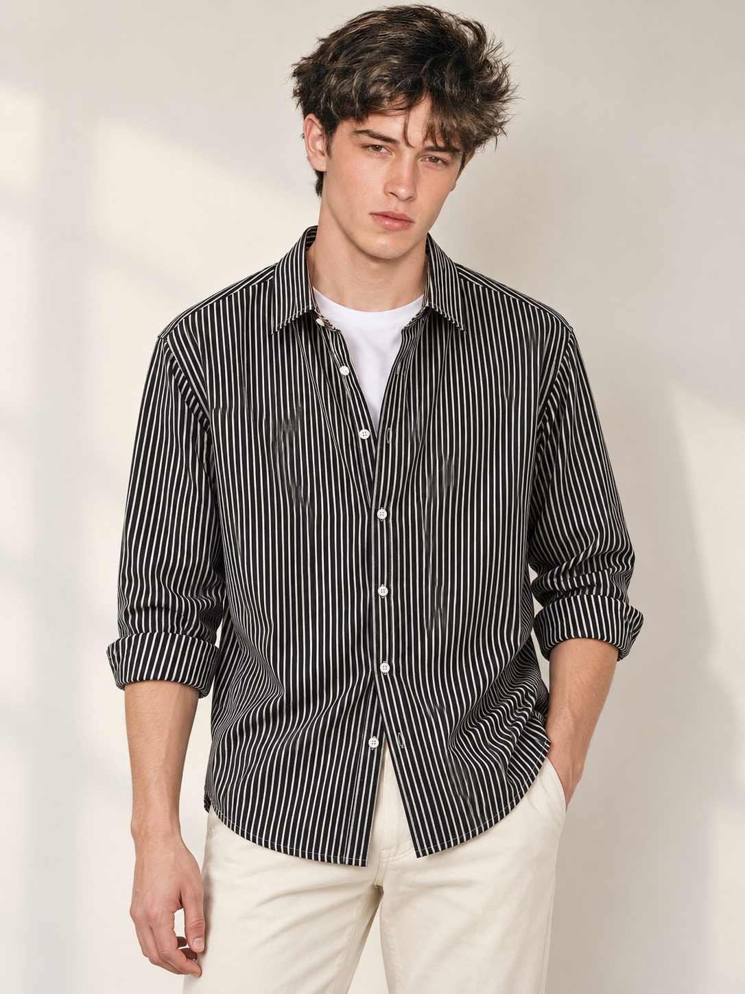 Men’s Black & White Striped Cotton Blend Full Sleeve Casual Shirt