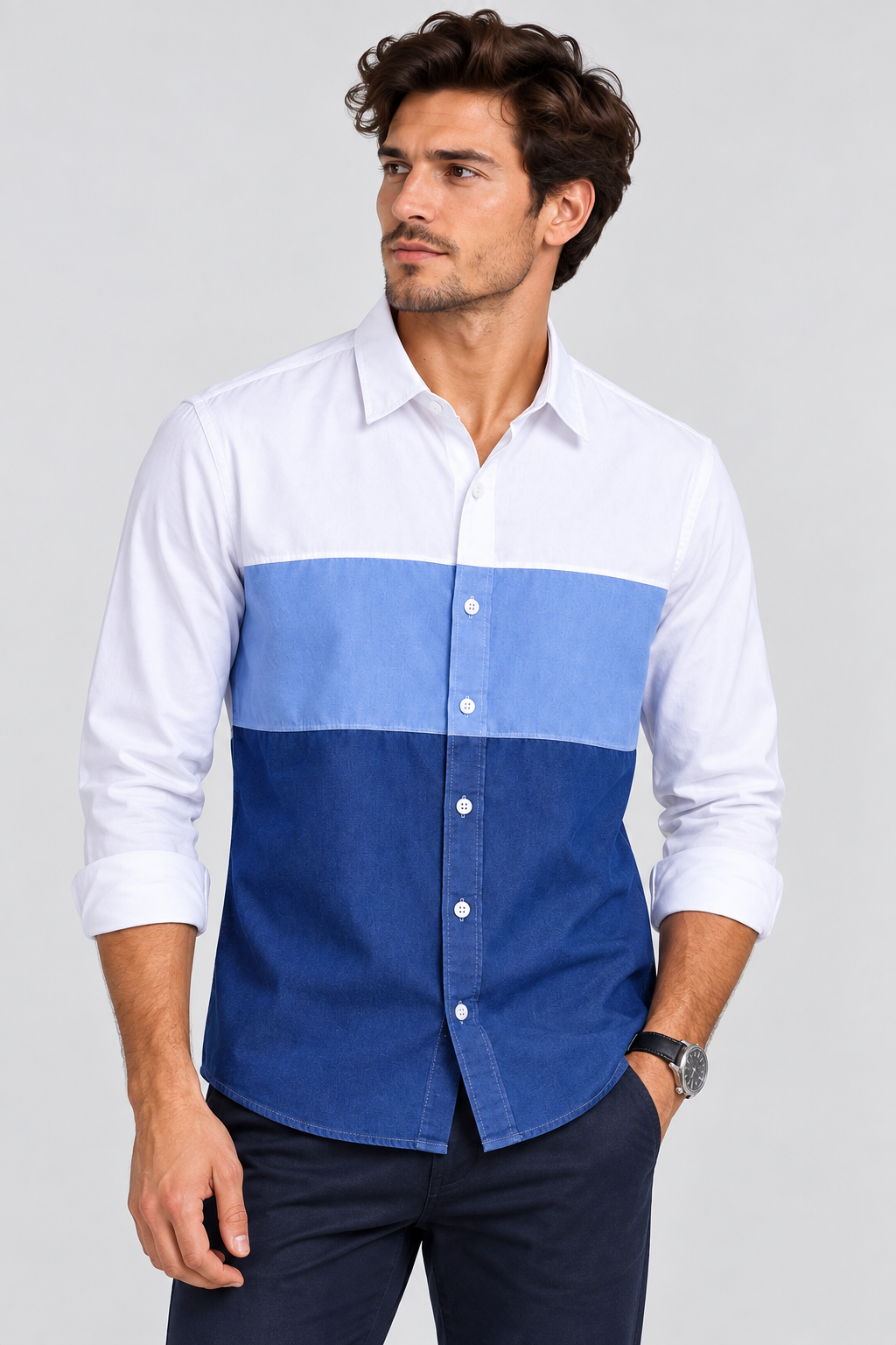 White and Blue Color Block Shirt