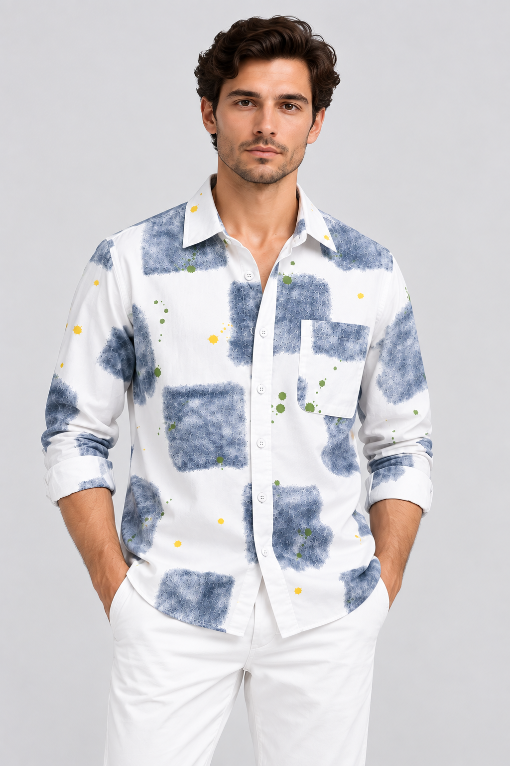 White Full Sleeve Shirt with Blue Abstract Print