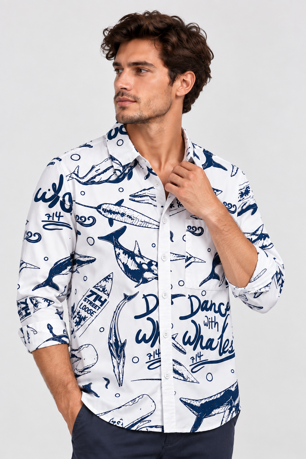 White Printed Shirt with Navy Blue Whale Design