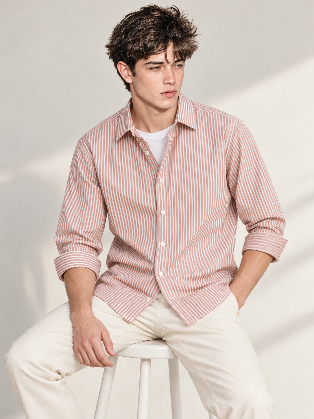 Men’s Brown & White Striped Cotton Blend Full Sleeve Casual Shirt