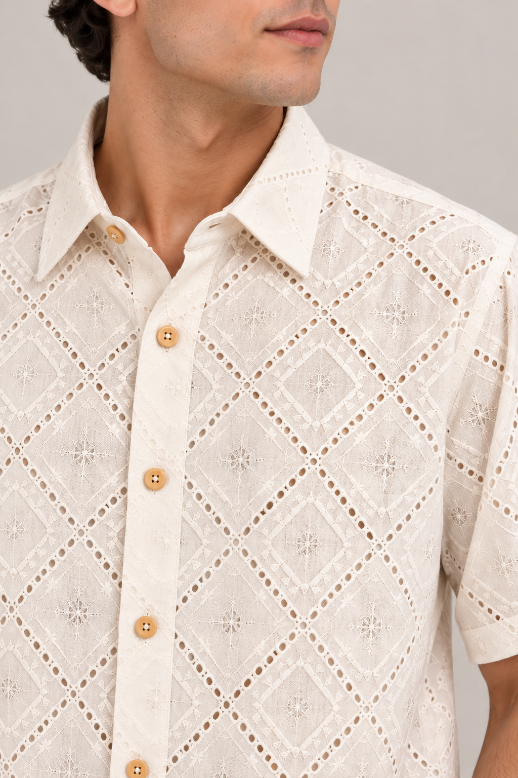 Cream Printed Shirt with Geometric Diamond Pattern
