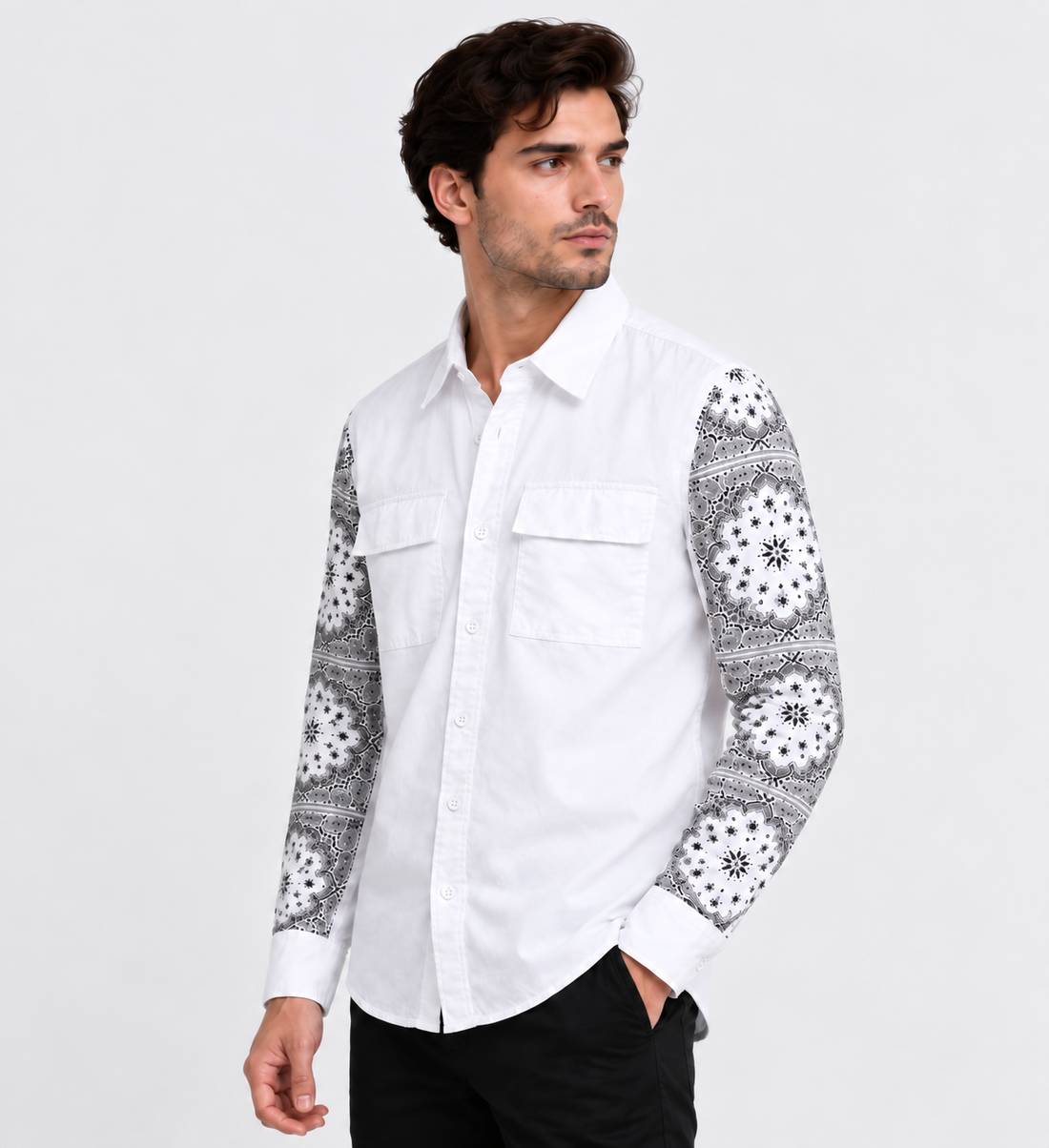 White Casual Shirt with Printed Full Sleeves