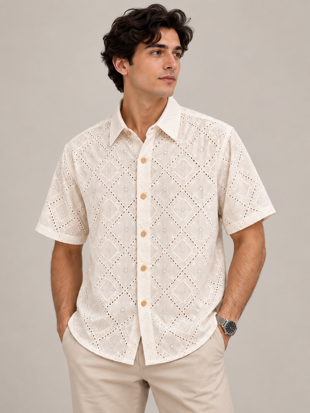 Cream Printed Shirt with Geometric Diamond Pattern
