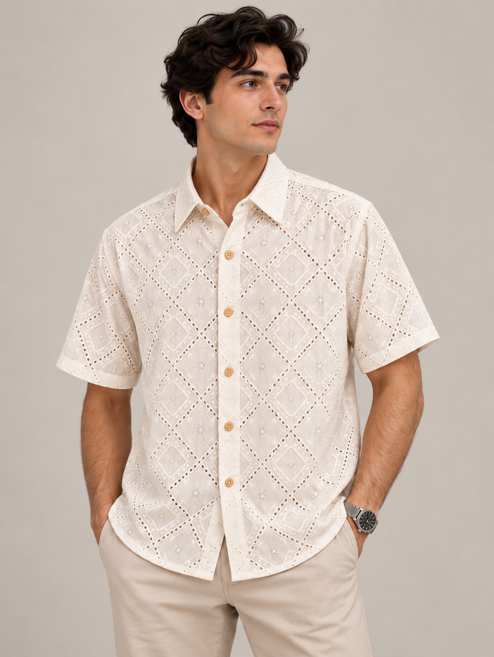 Cream Printed Shirt with Geometric Diamond Pattern